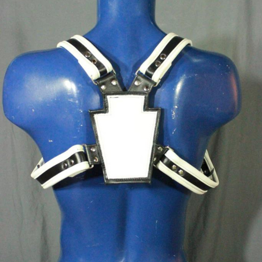 Black and white leather harness with keystone highlight.