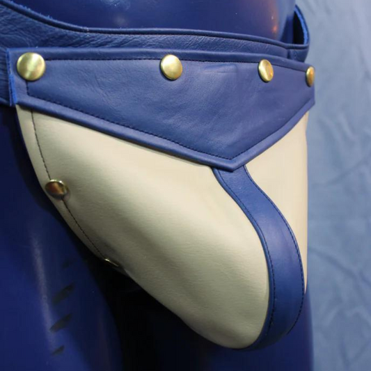 Blue and White Leather Jockstrap Interchangeable Codpiece